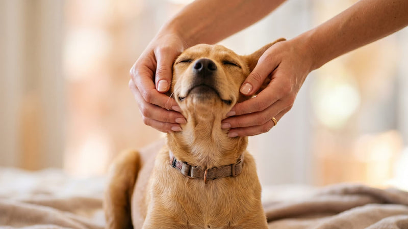 Perro Labrador recibiendo digitopuntura facial — sesión de bienestar canino en casa
