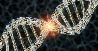 Cadena de ADN representando medicina regenerativa canina y terapias celulares avanzadas para perros