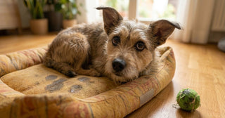 Perrita de raza mediana con signos de incontinencia urinaria por esterilización descansando en su cama con goteo de orina