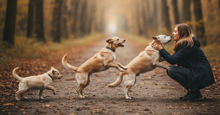 Tutora abrazando a su perro en casa, con imágenes del mismo perro en sus etapas de vida: cachorro, adulto y senior, representando el acompañamiento en longevidad funcional canina de LomBom