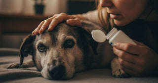 Perro junto a un frasco de pastillas, representando la medicación crónica que gestiona síntomas en lugar de abordar la raíz del problema en la salud canina